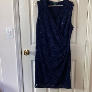 Navy blue lace and sequin cocktail dress by Ralph Lauren